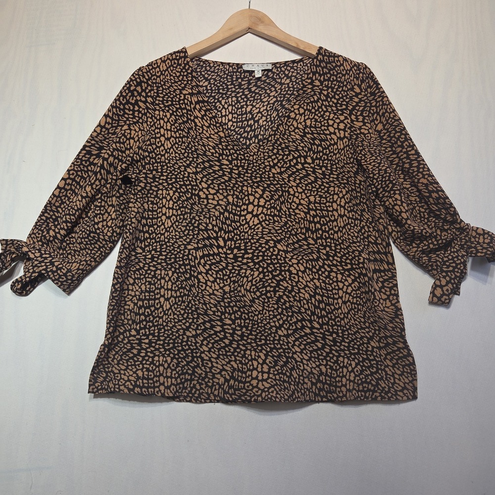 Chaus New York Women's Medium Animal Print V Neck Tie Sleeve Blouse Brown Black